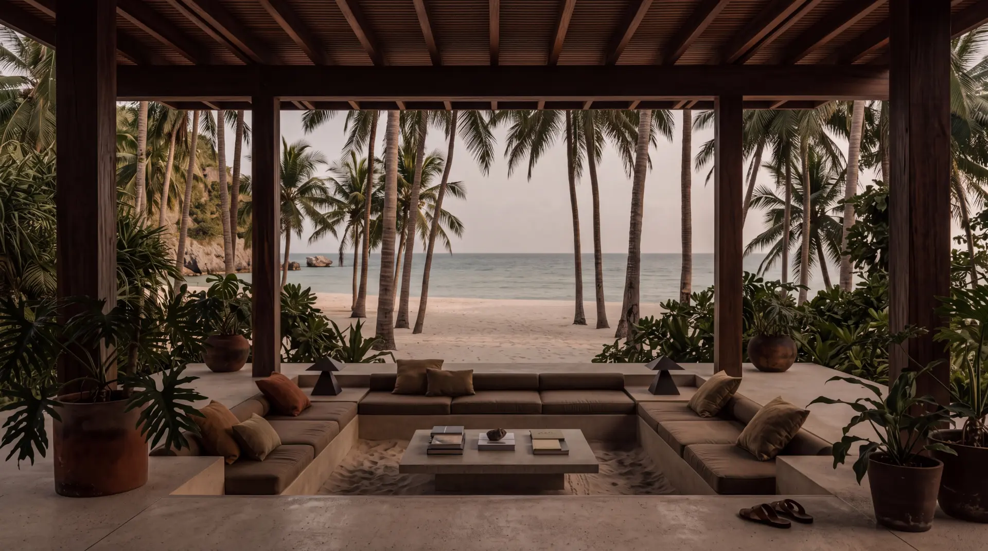 Open-air timber pavilion with sunken lounge looking through palms to the sea
