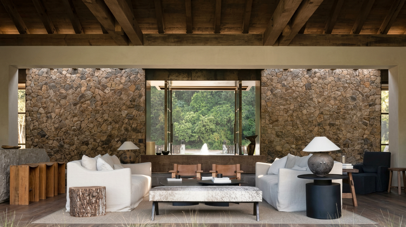 Open stone-and-timber wellness pavilion looking out to the garden