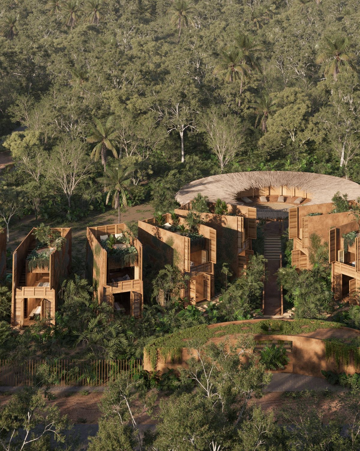 Timber retreat huts among the palms