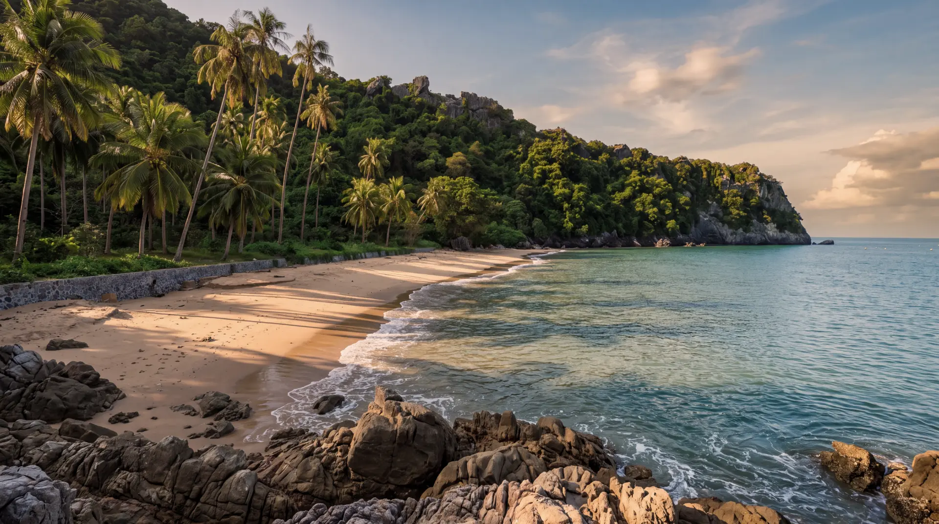 Beachfront cove with forested headland, palms and calm turquoise water