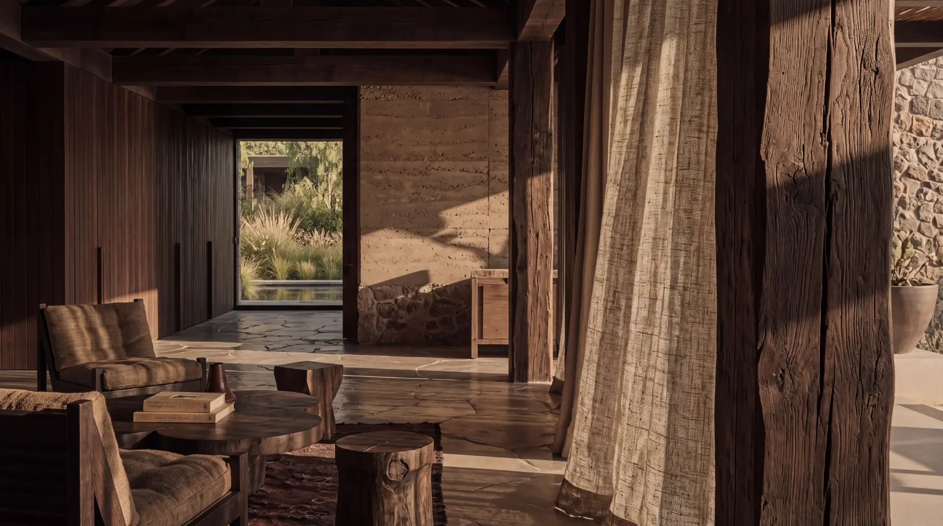 Sanctuary-like interior of rustic timber, stone and linen in warm evening light