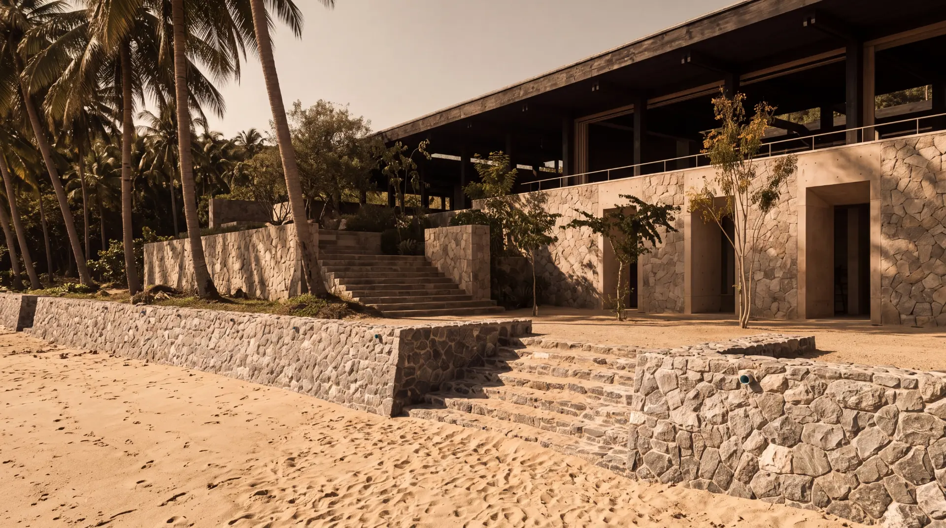 Stone pavilion and steps rising from the sand